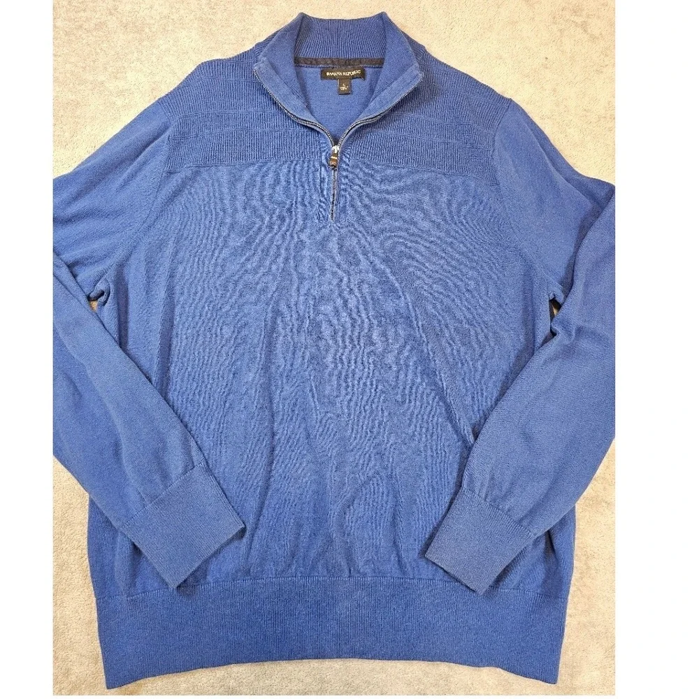 Banana Republic Mens Blue 1/4 Zip Sweater Textured Shoulder Mock Neck Pullover L